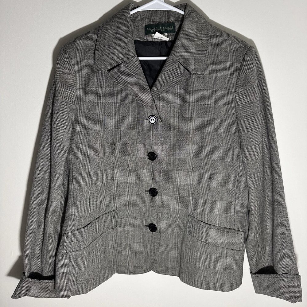Harve Benard Vintage Blazer Jacket 100% Wool Gray Womens Size 16 Patchwork Plaid
